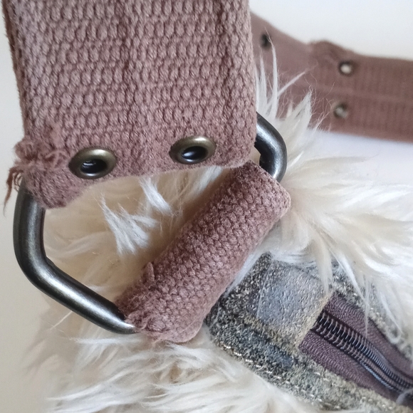 Vintage Faux Fur Burning Man Purse / Hobo Bag Thick Canvas Straps Brass Hardware - Picture 7 of 13